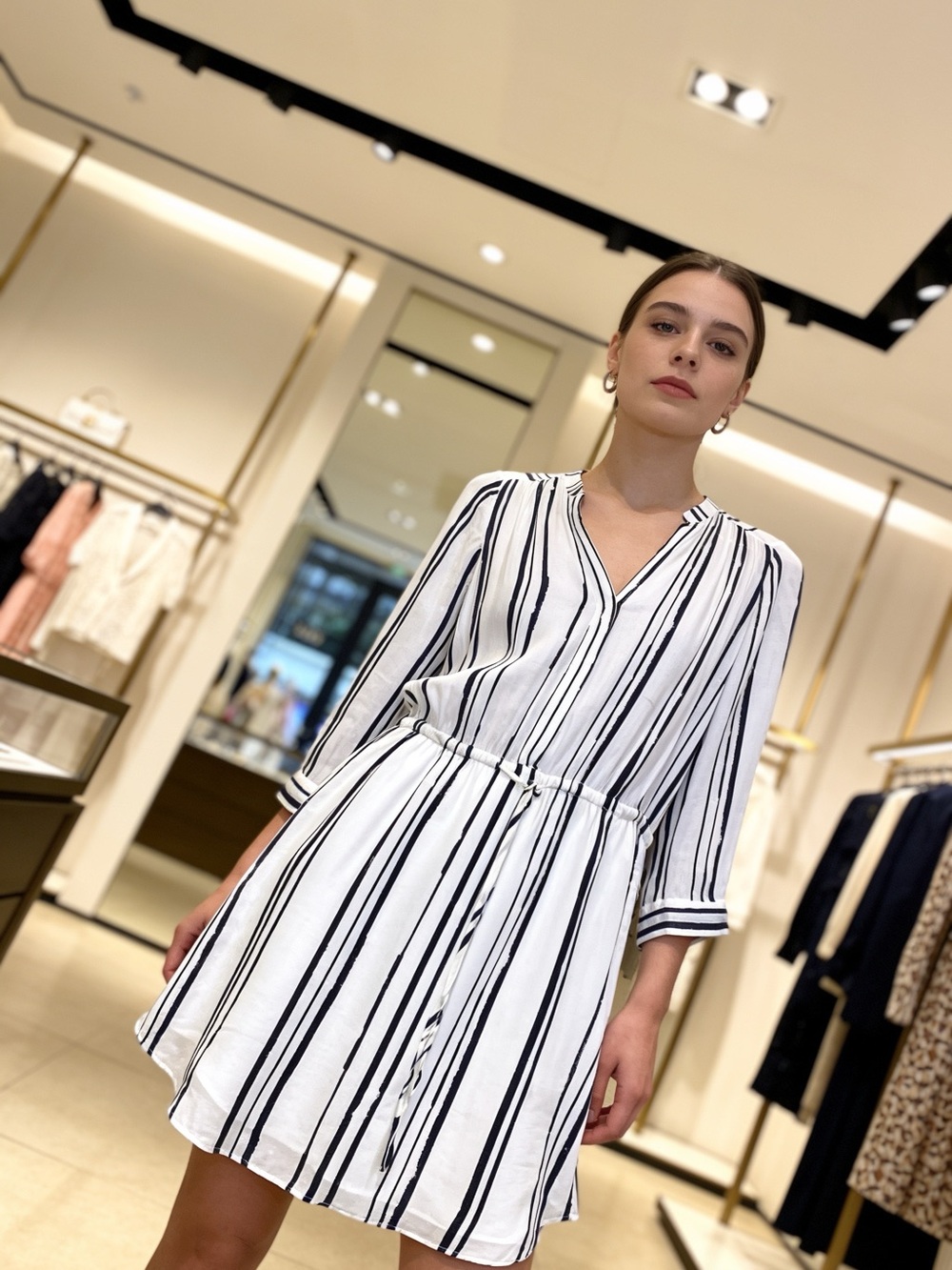 Aritzia Babaton Silk Bennett Mini Shirt Dress White w Navy Stripe Detail - Small